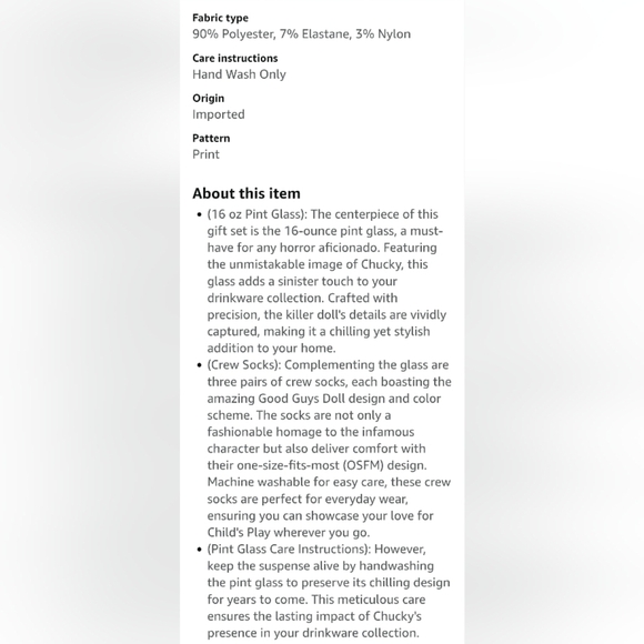 Culture Fly Child's Play Chucky 4 Piece Gift Set 3 Sock Pairs Pint Glass Sz 14+ - Picture 4 of 11